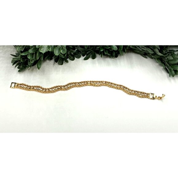 Gold Tone and Rhinestone Chain Bracelet With Fold-Over Clasp - Picture 2 of 5